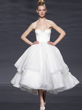 Retro 50s Strapless Organza Tiered Tea Length Tulle Wedding Dress DV1039